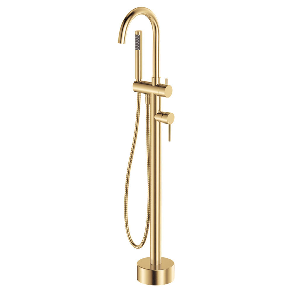 Product image of Fienza KAYA Floor Mounted Bath Mixer with Hand Shower Urban Brass (213113UB)