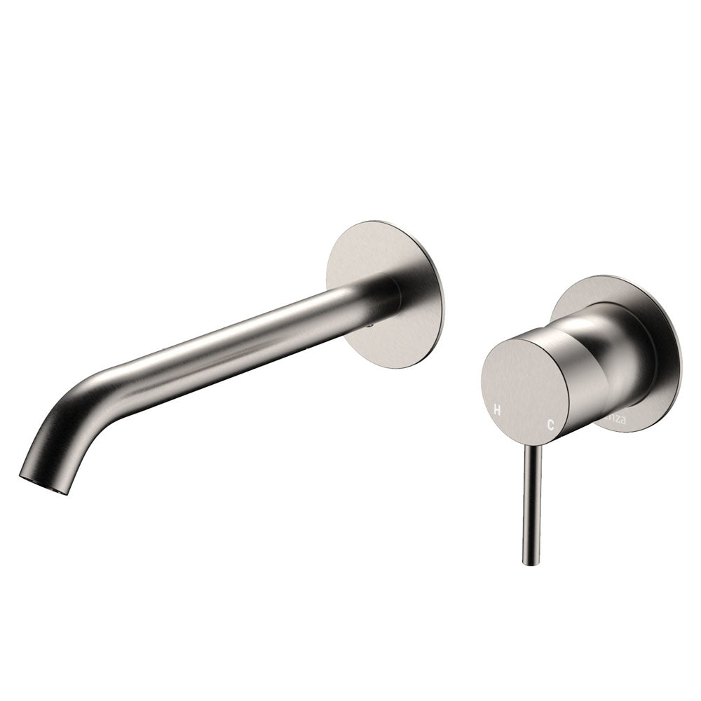 Product image of Fienza KAYA Basin/Bath Wall Mixer 200mm Outlet Set Brushed Nickel Round Plates (228104BN-200)