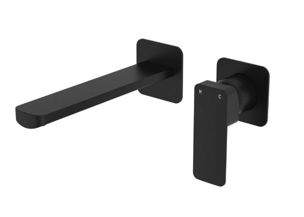 Product image of Fienza TONO Basin/Bath Wall Mixer 200 mm Outlet Set Small Square Plates Matte Black (233104B-200-LF)