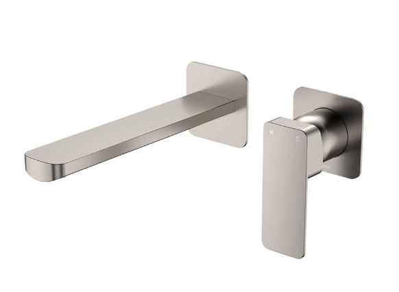 Product image of Fienza TONO Basin/Bath Wall Mixer 200mm Outlet Set Small Sqr Plates Brushed Nickel (233104BN-200-LF)