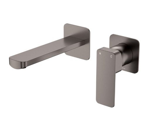 Product image of Fienza TONO Basin/Bath Wall Mixer Set 160mm Outlet SM Square Plates Gun Metal LF SUS304
233104GM-LF