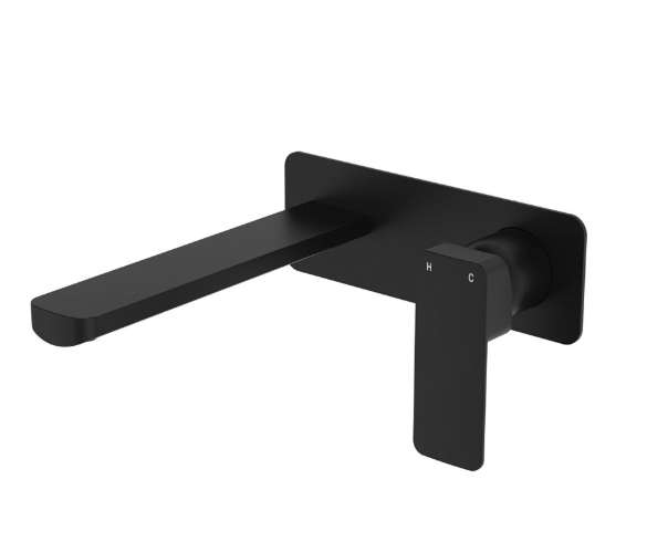 Product image of Fienza TONO Basin/Bath Wall Mixer 200 mm Outlet Set Large Square Plates Matte Black (233106B-200-LF)