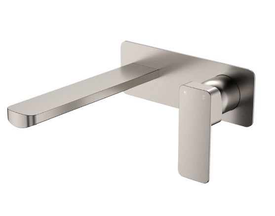 Product image of Fienza TONO Basin/Bath Wall Mixer 200mm Outlet Set Large Sqr Plates Brushed Nickel(233106BN-200-LF)