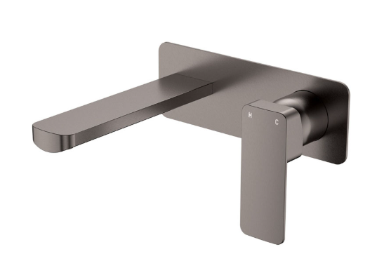 Product image of Fienza TONO Basin/Bath Wall Mixer Set 160mm Outlet Lge Rectangular Plate Gun Metal LF SUS304

