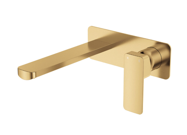 Product image of Fienza TONO Basin/Bath Wall Mixer Set, Rectangular Plate, 200mm Outlet, Urban Brass 233106UB-200-LF