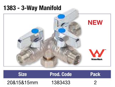 Product image of Zetco WaterMarked 3-Way Manifold - 15mm Inlet 1x20mm & 2x15mm Outlets
