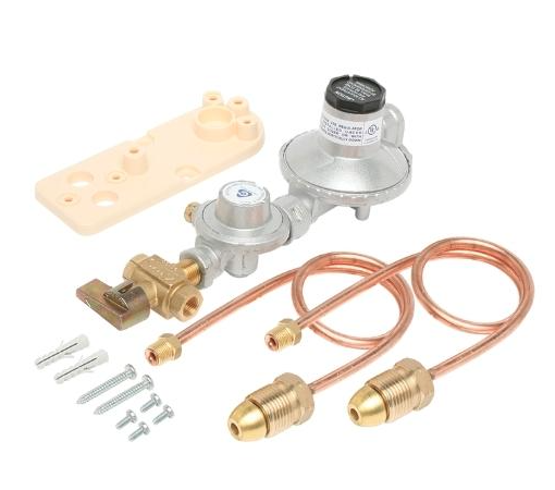 Product image of Bromic Manual 250mj/hr Dual Stage Adjustable LPG Regulator: 1/4" inverted flare Adaptor, Cu Pigtails