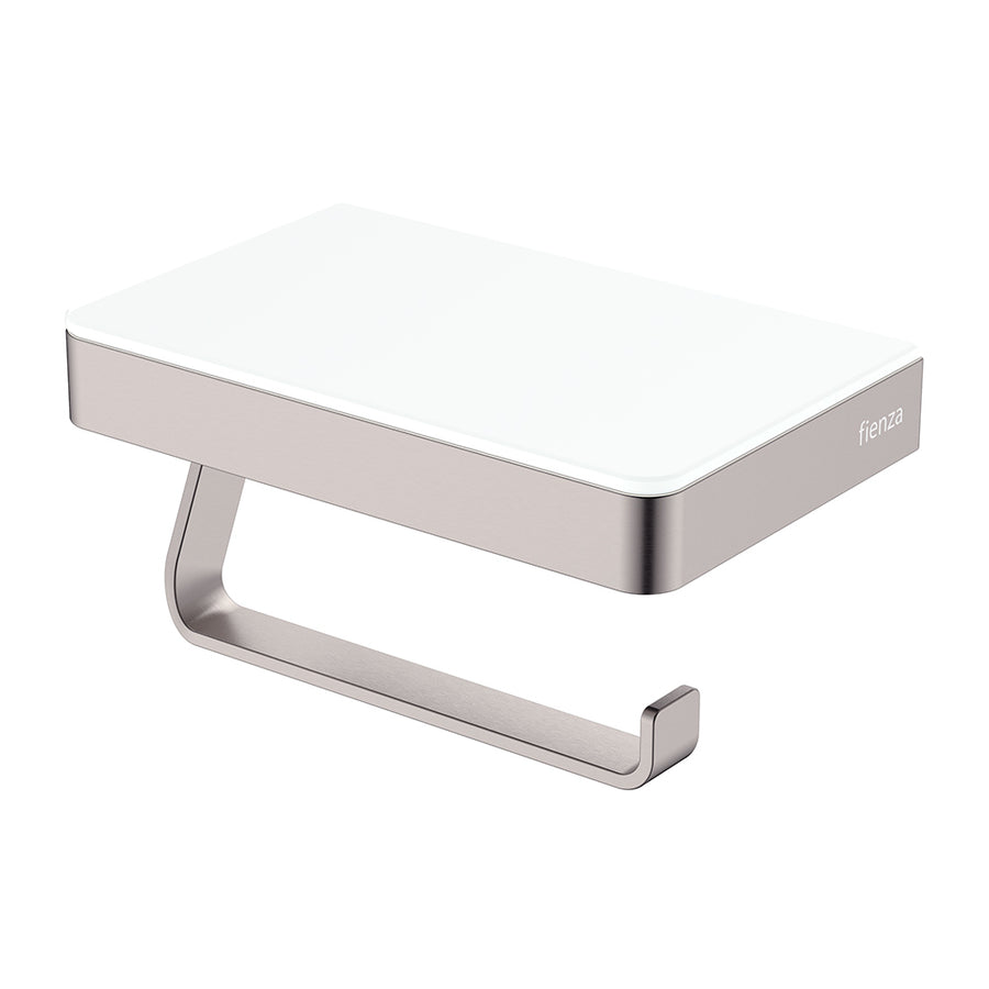 Product image of Fienza TONO Toilet Roll Holder with Glass Shelf SUS305 Brushed Nickel (85109BN)