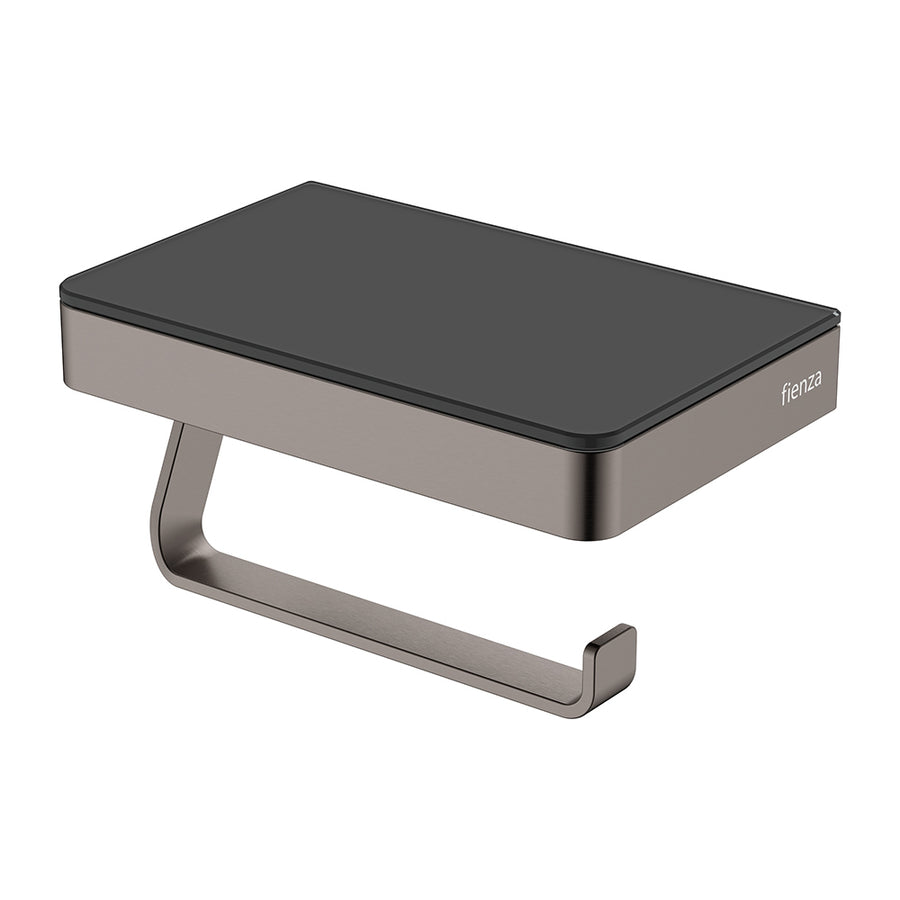 Product image of Fienza TONO Toilet Roll Holder with Glass Shelf SUS308 Gun Metal/Black (85109GM)