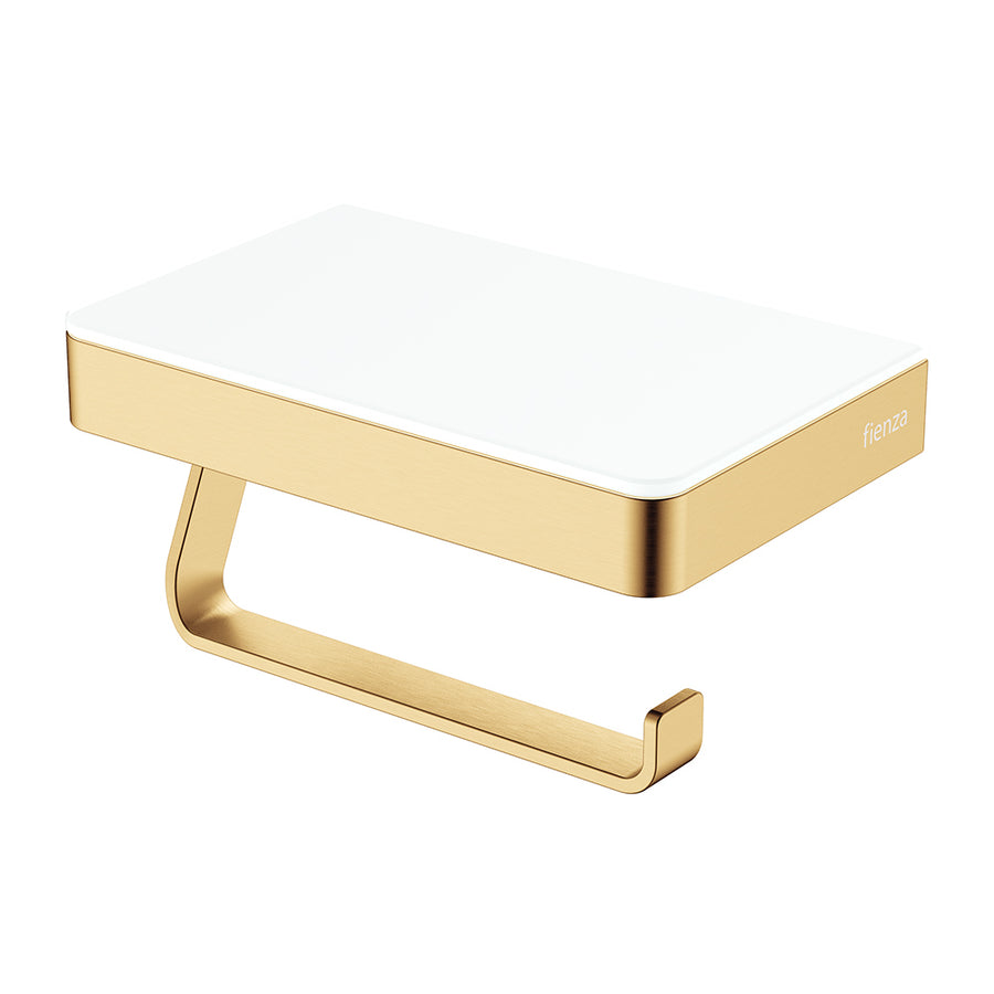 Product image of Fienza TONO Toilet Roll Holder with Glass Shelf SUS307 Urban Brass/White (85109UB)