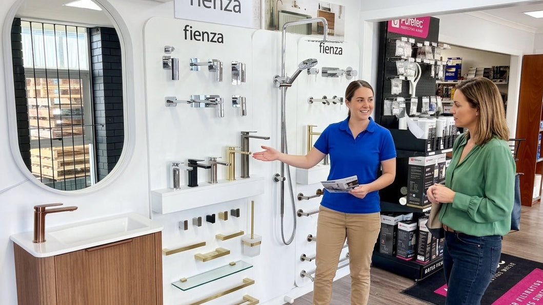A showroom interior featuring Fienza bathroom fixtures, with a woman in a blue polo shirt gesturing toward wall-mounted fixtures while another woman stands nearby. Visible products include a white sink with a wood-look cabinet, a wall-mounted shower, and various faucets and accessories.