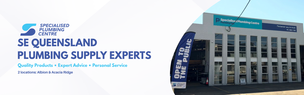 Promotional banner for Specialised Plumbing Centre featuring the text 'SE Queensland Plumbing Supply Experts' on the left and a modern commercial building with a blue sign on the right.