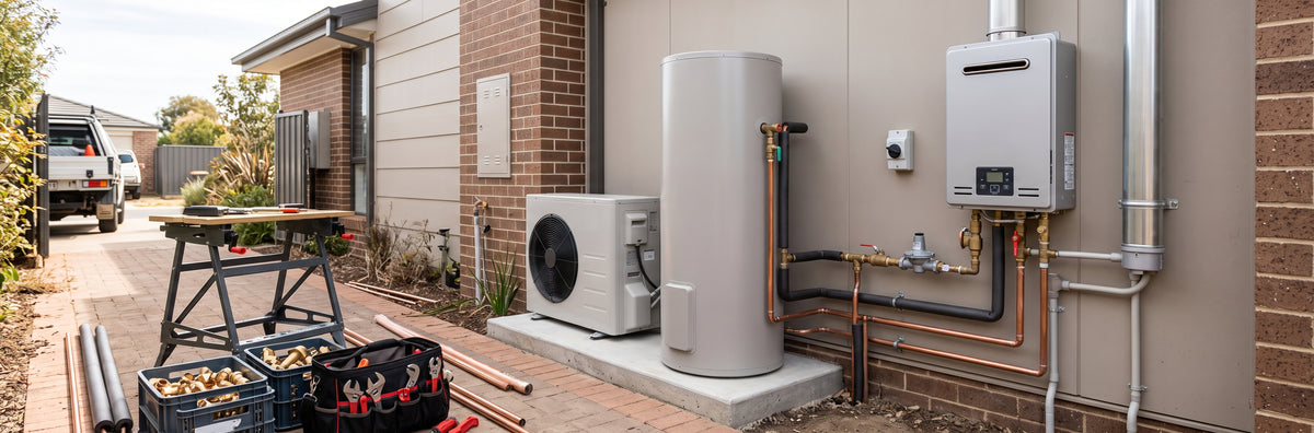 Hot water installation with storage tank, heat pump unit and continuous flow gas heater